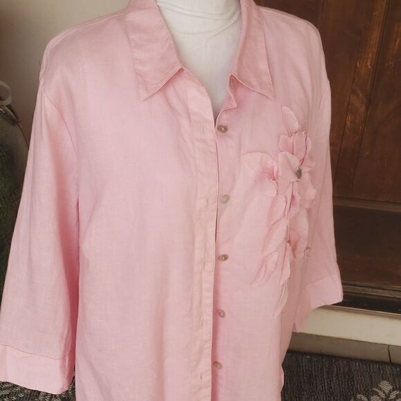 soft pink colored embellished linen long sleeve blouse size 3X - Picture 3 of 9